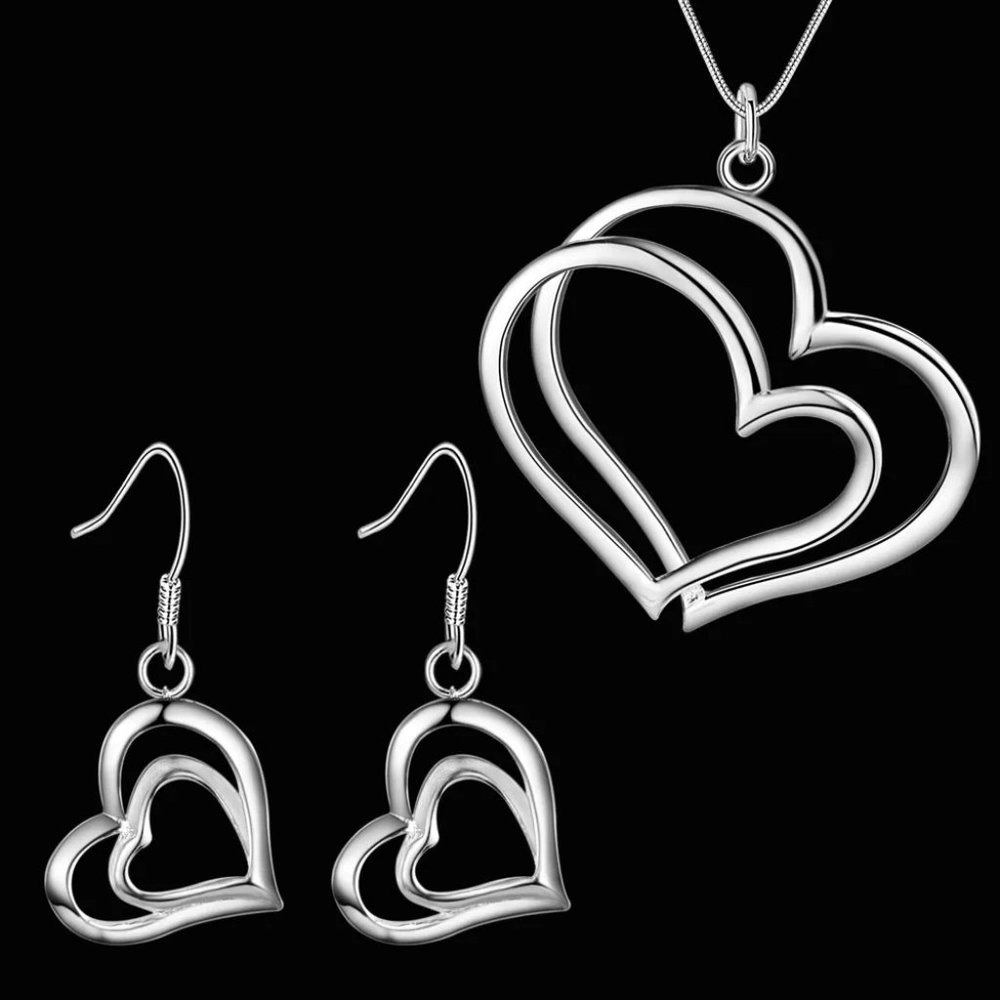 Beautiful 4 Pc Double Heart Pendant, Earrings, &18" Chain Sterling Silver